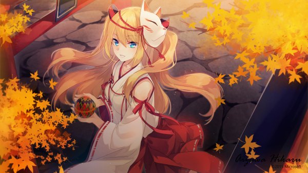 Anime picture 2560x1440 with microsoft aizawa hikaru shinia single long hair looking at viewer highres blue eyes blonde hair wide image traditional clothes japanese clothes miko mask on head girl skirt leaf (leaves) mask red skirt