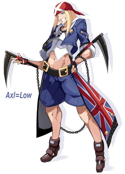 Anime-Bild 1146x1600 mit guilty gear guilty gear xrd axl low karukan (monjya) single long hair tall image blue eyes simple background blonde hair smile white background looking away full body one eye closed midriff character names hand on hip boy weapon