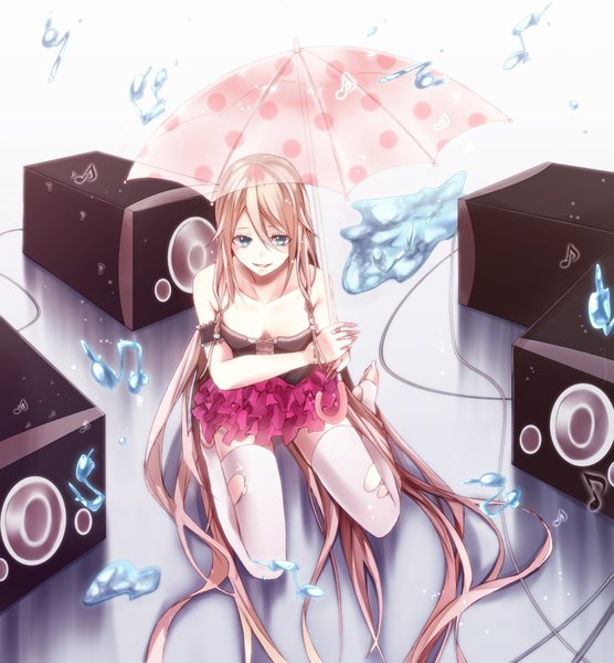 Anime picture 3800x4103 with vocaloid ia (vocaloid) sakiryo kanna single tall image fringe highres breasts sitting bare shoulders looking away absurdres braid (braids) very long hair aqua eyes light smile alternate costume twin braids transparent umbrella girl