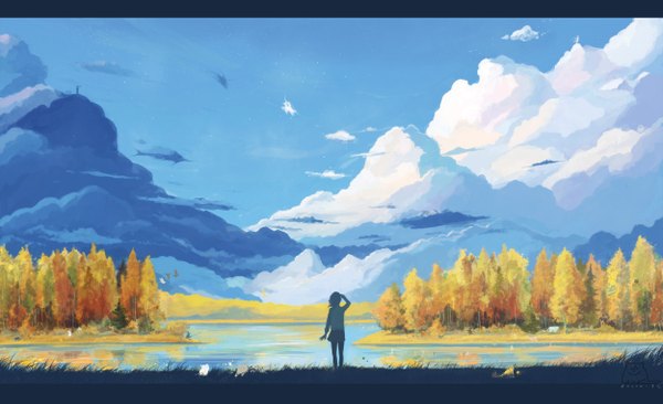 Anime picture 2500x1527 with original arsenixc single highres short hair wide image signed sky cloud (clouds) wind from behind silhouette river autumn girl skirt plant (plants) tree (trees) water