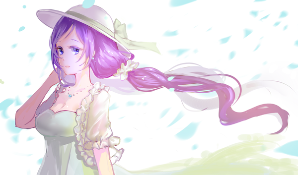 Anime picture 2114x1247 with love live! school idol project sunrise (studio) love live! toujou nozomi vetina single long hair looking at viewer highres wide image standing purple eyes purple hair wind girl dress hat choker white dress necklace