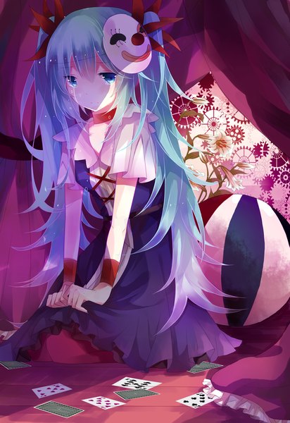 Anime picture 2031x2952 with vocaloid karakuri pierrot (vocaloid) hatsune miku hime (artist) single long hair tall image fringe highres blue eyes sitting twintails aqua hair alternate costume tears looking down crying mask on head sad girl