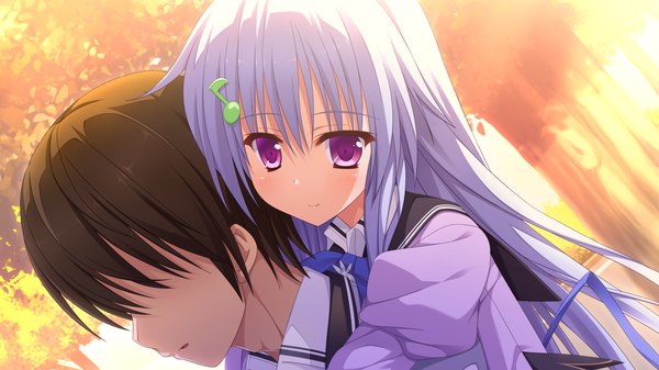 Anime picture 1280x720 with koishiki manual haneshiro amane saeki nao long hair blush smile wide image purple eyes game cg white hair sunlight evening sunset no face girl boy uniform hair ornament ribbon (ribbons) bow