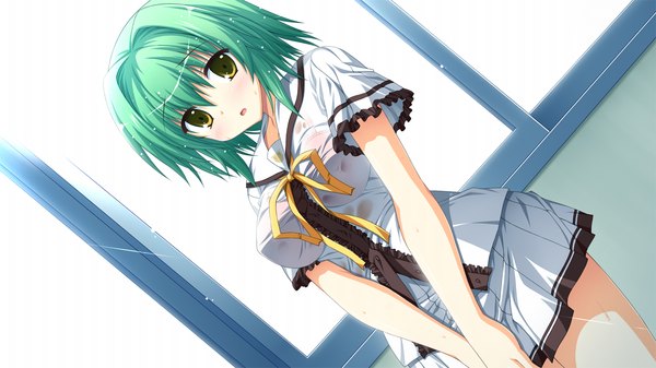 Anime picture 1280x720 with fortissimo//akkord:bsusvier (game) ooba kagerou single blush short hair open mouth wide image yellow eyes game cg green hair :o girl uniform ribbon (ribbons) school uniform