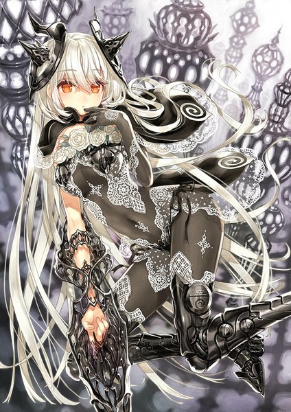 Anime picture 707x1000 with original kawaku single long hair tall image looking at viewer blush fringe breasts light erotic red eyes bent knee (knees) white hair parted lips horn (horns) finger to mouth girl gloves flower (flowers) weapon
