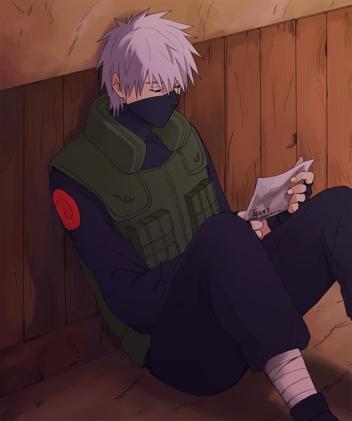 Anime picture 1000x1194 with naruto studio pierrot naruto (series) hatake kakashi warable single tall image fringe short hair hair between eyes sitting holding silver hair bent knee (knees) indoors long sleeves black eyes text looking down covered mouth