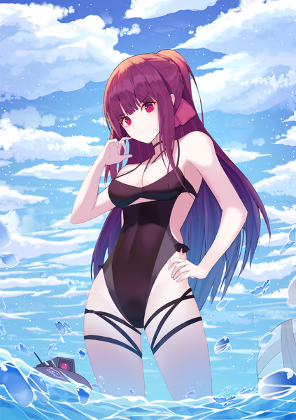 Anime picture 2469x3501 with girls frontline wa2000 (girls frontline) dinergate (girls frontline) jayamon single long hair tall image looking at viewer blush fringe highres breasts light erotic hair between eyes purple eyes payot sky cleavage purple hair cloud (clouds)