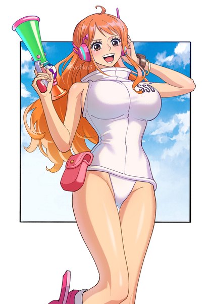 Anime picture 1400x2000 with one piece toei animation nami (one piece) youkan (tako) single long hair tall image open mouth light erotic brown eyes ahoge :d orange hair teeth bare legs outside border girl headphones leotard