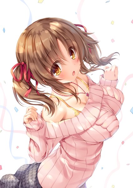 Anime picture 1062x1500 with idolmaster idolmaster cinderella girls totoki airi mikagami mamizu single tall image looking at viewer blush fringe short hair breasts open mouth light erotic simple background hair between eyes brown hair large breasts standing white background twintails