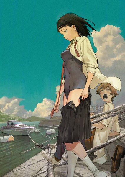 Anime picture 2756x3904 with original kento matsuura tall image blush highres short hair breasts open mouth light erotic black hair blonde hair sitting brown eyes looking away sky cloud (clouds) outdoors profile pleated skirt open shirt