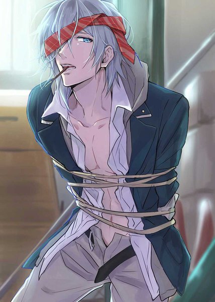 Anime picture 1000x1400 with idolish 7 yotsuba tamaki kenta (4015819) single tall image looking at viewer short hair open mouth blue eyes silver hair indoors blurry open shirt bondage food in mouth covering eye (eyes) open pants boy navel shirt