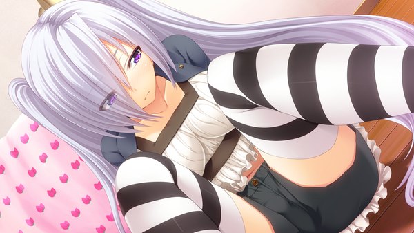 Anime picture 1280x720 with gleam garden no shoujo shirayuki (gleam garden no shoujo) char single long hair looking at viewer fringe light erotic wide image purple eyes game cg white hair hair over one eye girl thighhighs shorts striped thighhighs