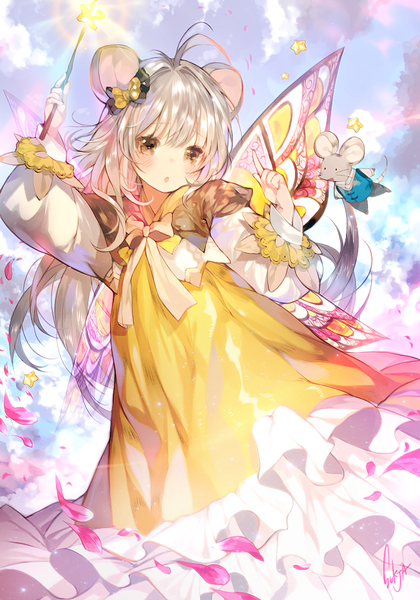 Anime picture 700x1000 with original sorolp tall image blush fringe open mouth hair between eyes brown eyes signed animal ears silver hair cloud (clouds) ahoge outdoors very long hair arm up wind from below fantasy insect wings