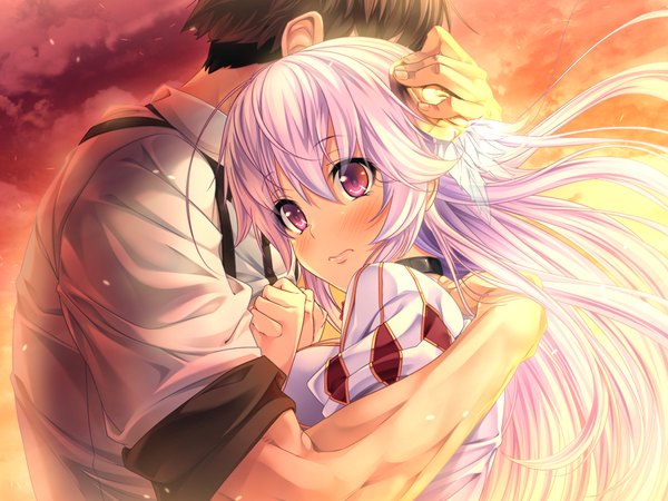 Anime picture 1024x768 with grimoire no shisho long hair blush short hair brown hair purple eyes game cg white hair couple hug evening sunset girl boy