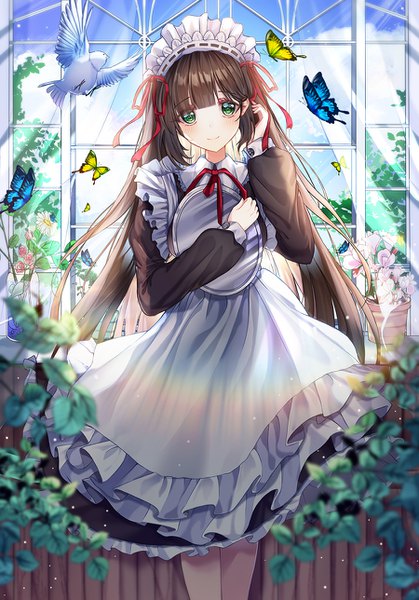 Anime picture 900x1288 with original m1yu single long hair tall image looking at viewer blush fringe smile brown hair standing holding green eyes payot cloud (clouds) blunt bangs long sleeves head tilt arm up blurry