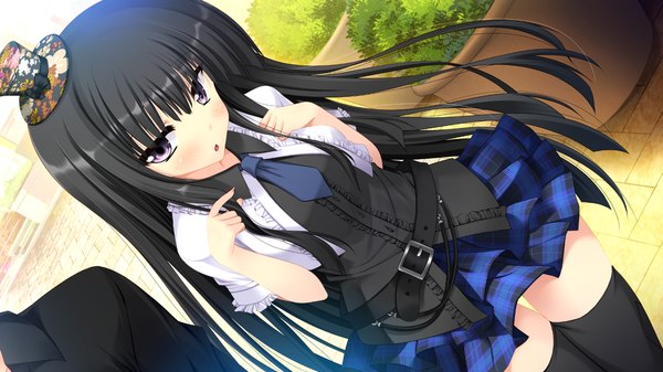 Anime picture 1280x720 with koiken otome minato shiho long hair blush open mouth black hair wide image purple eyes looking away game cg outdoors zettai ryouiki girl thighhighs dress black thighhighs hat necktie mini hat mini top hat