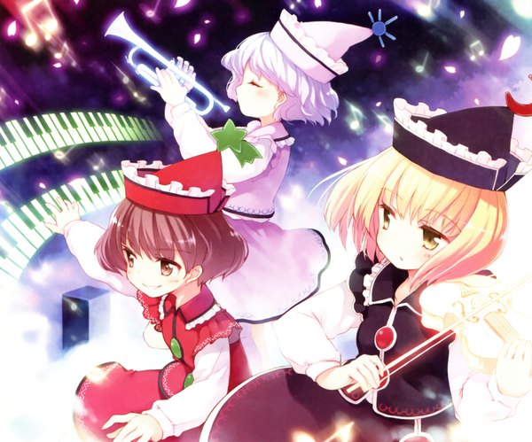 Anime picture 2272x1893 with touhou lunasa prismriver lyrica prismriver merlin prismriver kito (sorahate) highres blonde hair smile brown hair multiple girls brown eyes yellow eyes purple hair eyes closed music girl hat petals 3 girls musical instrument