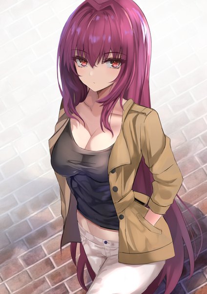 Anime picture 2894x4093 with fate (series) fate/grand order scathach (fate) (all) scathach (fate) kesoshirou single tall image looking at viewer blush fringe highres breasts light erotic hair between eyes red eyes large breasts payot purple hair very long hair from above