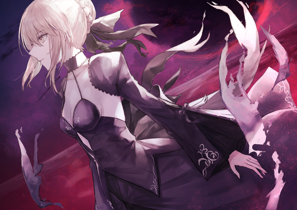 Anime picture 2047x1447 with fate (series) fate/grand order artoria pendragon (all) saber alter thkani single fringe highres short hair breasts light erotic blonde hair hair between eyes standing yellow eyes payot looking away cleavage braid (braids) profile