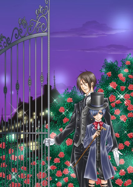 Anime picture 1280x1800 with kuroshitsuji a-1 pictures sebastian michaelis ciel phantomhive tall image looking at viewer short hair blue eyes black hair red eyes blue hair multiple boys boy gloves flower (flowers) hat building (buildings) 2 boys eyepatch suit