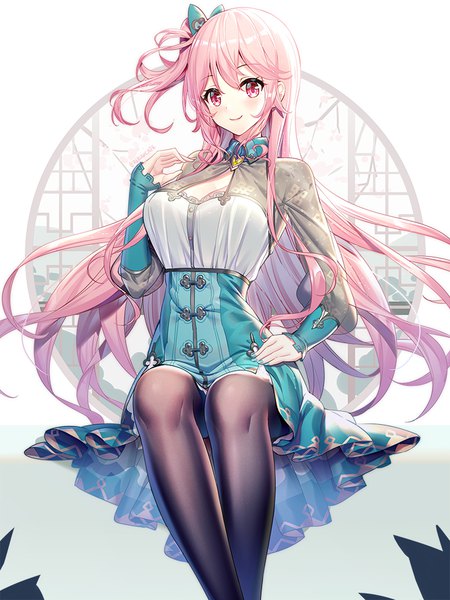 Anime picture 750x1000 with original emily stock ririko (zhuoyandesailaer) single long hair tall image looking at viewer blush fringe breasts simple background smile hair between eyes red eyes sitting signed pink hair cleavage nail polish fingernails