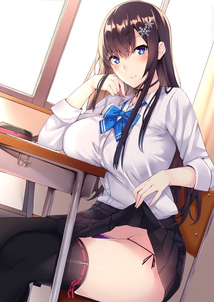 Anime picture 4300x6070 with original kaerunoashi single long hair tall image looking at viewer blush fringe highres breasts blue eyes light erotic smile hair between eyes brown hair large breasts sitting holding absurdres indoors