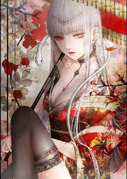 Anime picture 726x1024 with original kuroe (pixiv5268156) single tall image looking at viewer fringe breasts blue eyes light erotic red eyes sitting holding payot cleavage bent knee (knees) white hair blunt bangs very long hair traditional clothes japanese clothes