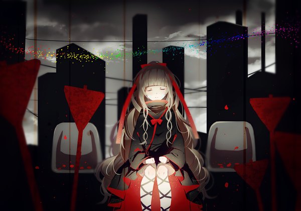 Anime picture 1428x1000 with kagerou project shaft (studio) azami (kagerou project) pudding (8008208820) single long hair blush brown hair sitting eyes closed hand on knee knees touching girl dress ribbon (ribbons) bow hair bow hair ribbon black dress