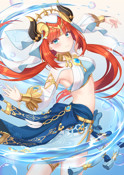 Anime picture 1228x1736 with genshin impact nilou (genshin impact) huangyouxingren single long hair tall image looking at viewer blush fringe breasts light erotic simple background smile white background twintails red hair blunt bangs long sleeves horn (horns) aqua eyes