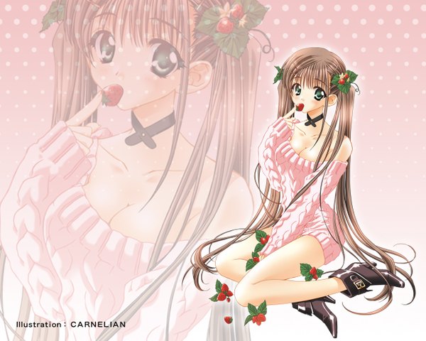 Anime picture 1280x1024 with carnelian long hair blush light erotic brown hair sitting twintails bare shoulders aqua eyes no bra wallpaper pink background zoom layer girl food boots sweater berry (berries) strawberry