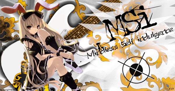 Anime picture 2000x1043 with k.g single long hair highres blonde hair wide image brown eyes yellow eyes bunny ears girl dress bow ribbon (ribbons) hair bow shoes guitar