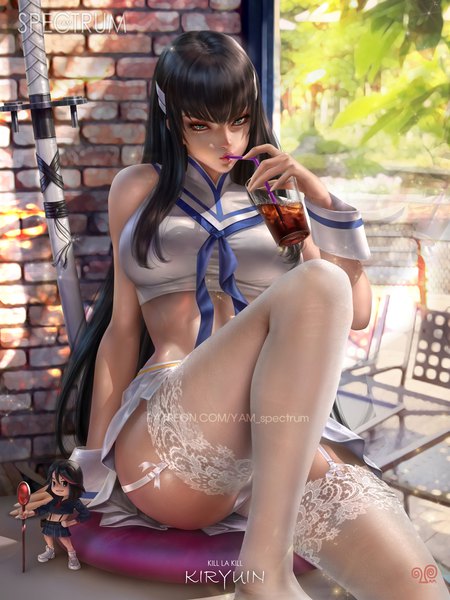 Anime picture 900x1200 with kill la kill studio trigger matoi ryuuko kiryuuin satsuki yam spectrum long hair tall image looking at viewer fringe breasts blue eyes light erotic black hair large breasts sitting bare shoulders multiple girls holding signed bent knee (knees)