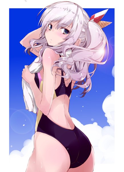 Anime picture 651x900 with kantai collection kashima training cruiser yumesato makura single long hair tall image blush fringe light erotic hair between eyes twintails sky silver hair cloud (clouds) ass looking back aqua hair lens flare back border