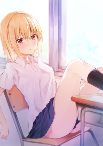 Anime picture 1451x2048 with original hitoiki single tall image looking at viewer blush fringe short hair breasts light erotic blonde hair hair between eyes sitting brown eyes ass indoors pleated skirt short sleeves arm behind back expressionless