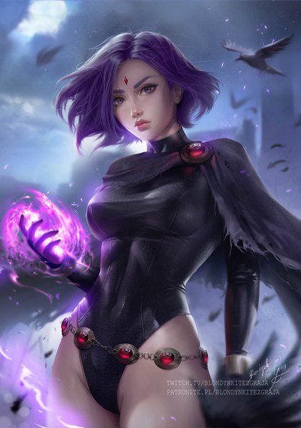 Anime picture 1442x2048 with teen titans dc comics raven (teen titans) blondynkitezgraja single tall image looking at viewer short hair light erotic standing purple eyes signed sky purple hair cloud (clouds) outdoors wind lips blurry realistic