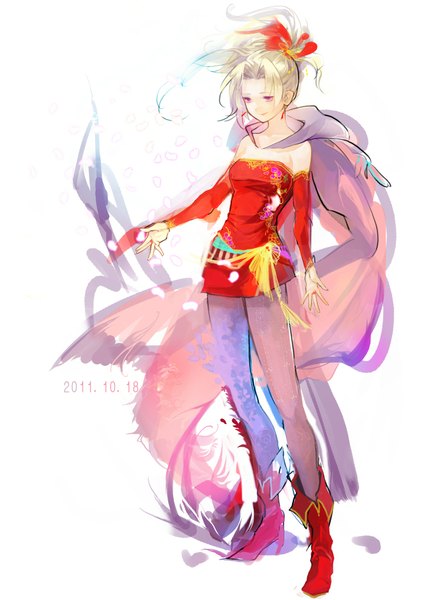 Anime picture 1488x2105 with final fantasy final fantasy vi dissidia final fantasy square enix tina branford suwi kabotyaumai single tall image short hair simple background blonde hair smile white background bare shoulders ponytail pink eyes wind alternate hair color girl ribbon (ribbons)