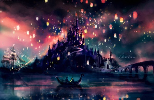 Anime picture 1600x1040 with tangled rapunzel flin raider alicexz from behind night couple girl boy water lantern castle bridge watercraft ship boat