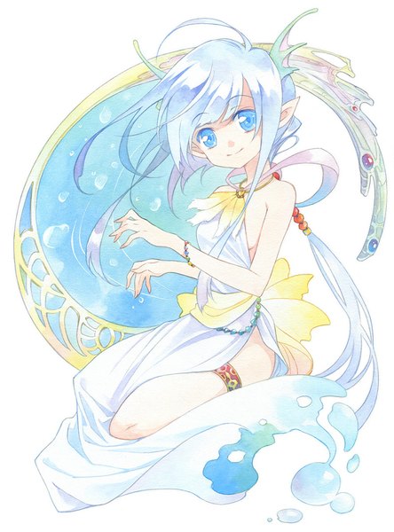 Anime picture 800x1080 with original agahari single tall image looking at viewer blue eyes simple background smile white background sitting bare shoulders blue hair ahoge very long hair pointy ears traditional media watercolor (medium) girl dress bracelet
