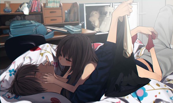Anime picture 1906x1142 with original ruri honjou honnryou hanaru long hair blush fringe highres short hair light erotic black hair wide image looking away full body indoors lying profile black eyes on back girl on top hands on another's face