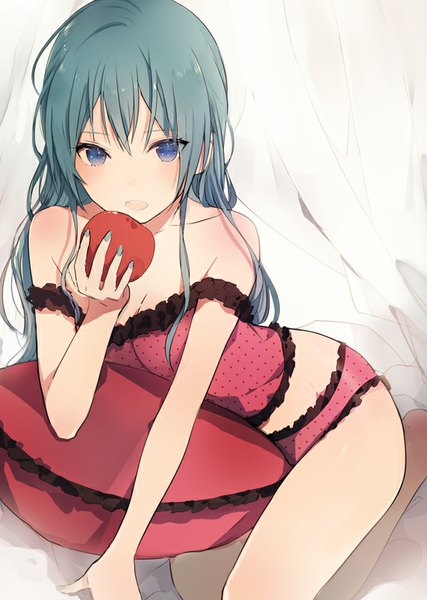 Anime picture 572x803 with vocaloid romeo to cinderella (vocaloid) hatsune miku lpip single long hair tall image blush fringe breasts open mouth blue eyes light erotic bare shoulders holding looking away cleavage nail polish barefoot fingernails