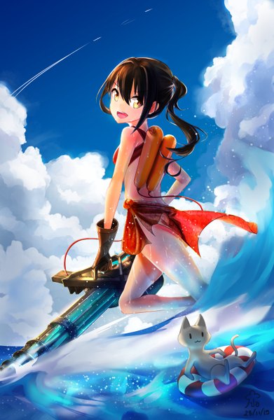 Anime picture 1847x2833 with original nekodayo22 single long hair tall image looking at viewer fringe highres open mouth smile hair between eyes brown hair sitting holding signed yellow eyes payot sky cloud (clouds) bent knee (knees)
