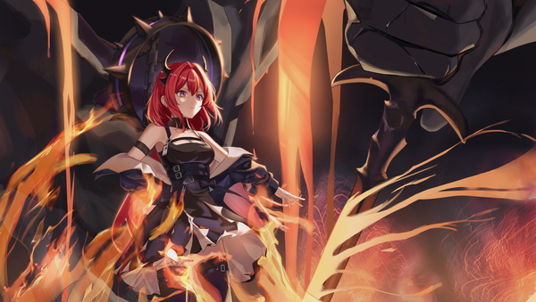 Anime picture 2810x1589 with arknights surtr (arknights) rahy single long hair fringe highres hair between eyes wide image purple eyes looking away red hair horn (horns) hand on hip outstretched arm lava girl dress black dress fire