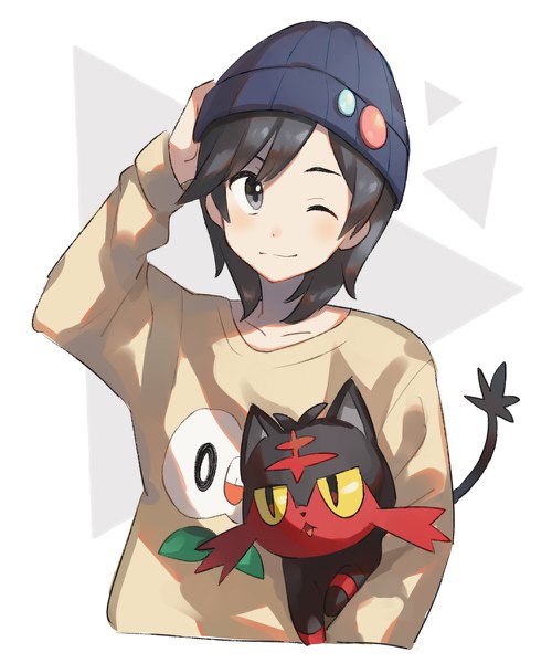 Anime picture 1000x1200 with pokemon pokemon sm nintendo rowlet litten you (pokemon) unapoppo single tall image looking at viewer blush short hair black hair white background upper body long sleeves one eye closed grey eyes hand on head gen 7 pokemon