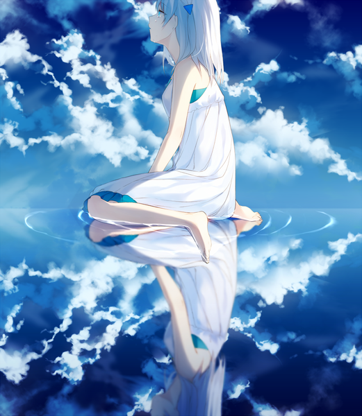 Anime picture 869x1000 with original achiki single long hair tall image fringe blue eyes sitting bare shoulders looking away sky cloud (clouds) white hair parted lips profile barefoot bare legs shadow tears wariza