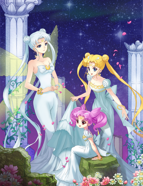 Anime picture 1053x1365 with bishoujo senshi sailor moon toei animation tsukino usagi chibiusa princess serenity princess usagi small lady queen serenity amg192003 tall image blue eyes blonde hair red eyes standing twintails multiple girls pink hair silver hair very long hair parted lips night
