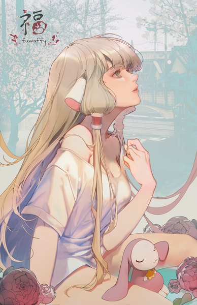 Anime picture 2000x3091 with chobits chii atashi (chobits) fuwaffy single long hair tall image fringe highres light erotic blonde hair sitting green eyes signed looking away cleavage blunt bangs profile wariza looking up