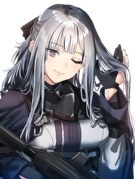 Anime picture 1027x1362 with girls frontline ak-12 (girls frontline) rin (028ilc) single long hair tall image looking at viewer fringe simple background smile white background purple eyes holding payot silver hair upper body ponytail blunt bangs long sleeves head tilt