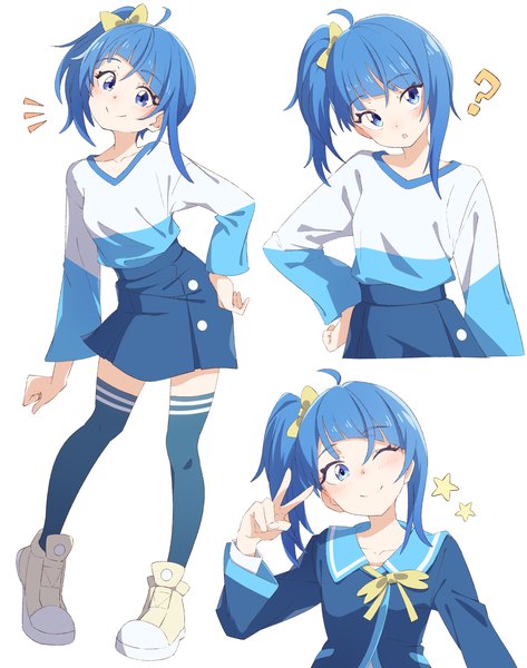 Anime picture 2447x3107 with precure hirogaru sky! precure toei animation sora harewataru eito12 long hair tall image highres blue eyes smile blue hair ahoge head tilt one eye closed wink hand on hip side ponytail victory multiview ?