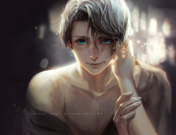 Anime picture 1041x800 with yuri!!! on ice mappa viktor nikiforov claparo-sans single blush fringe short hair blue eyes smile hair between eyes bare shoulders holding upper body white hair lips inscription lens flare adjusting hair dark background