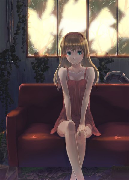 Anime picture 863x1200 with original shacchi single long hair tall image looking at viewer blue eyes blonde hair sitting girl plant (plants) couch